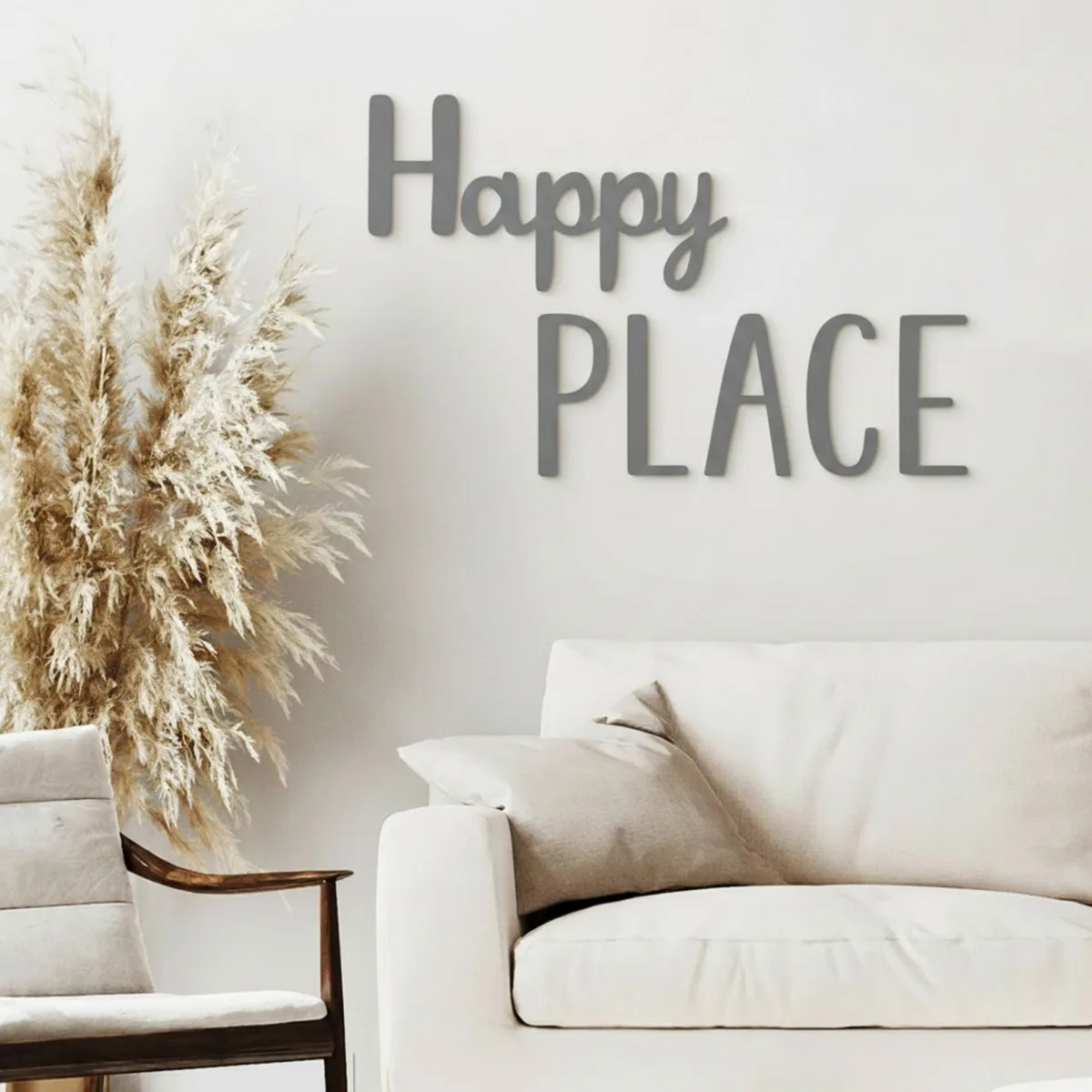 Houten woorden „Happy Place” van berkenmultiplex – wanddecoratie