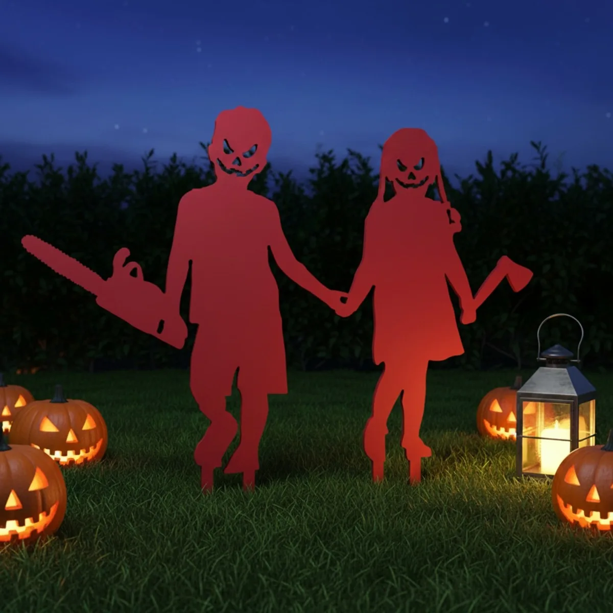 Creepy Couple Halloween Yard Stakes – Boy with Chainsaw & Girl with Axe