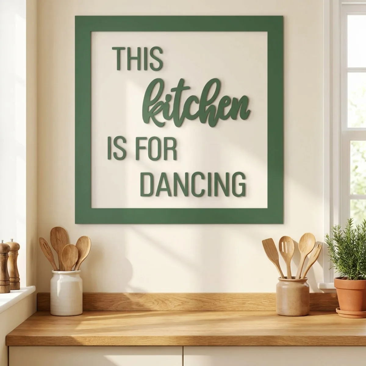 Plywood lettering with frame - This kitchen is for dancing