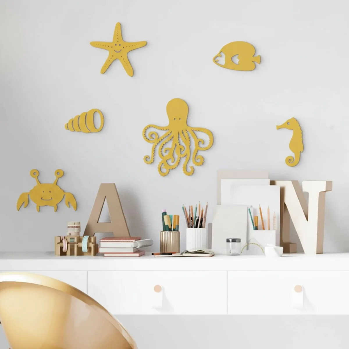 Wooden Marine Animal Decor (6 pieces) - Birch Plywood - 50x30 cm