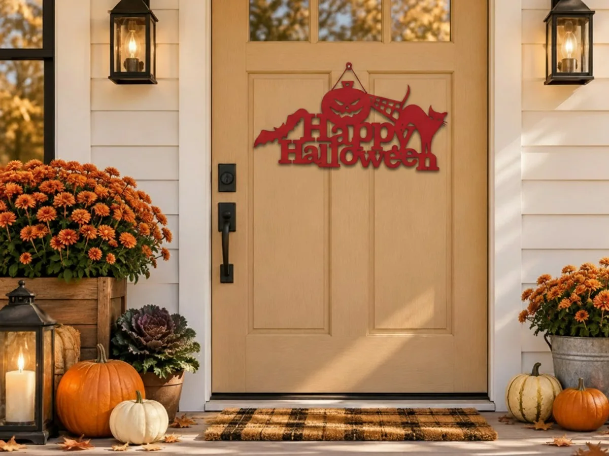 Happy Halloween bord van multiplex – Pompoen, zwarte kat & vleermuis