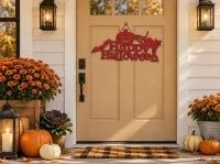Happy Halloween bord van multiplex – Pompoen, zwarte kat & vleermuis