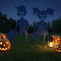 Gruselige Halloween-Kinder Gartenset – Zombie-Junge, Mädchen, Hund & Teddy