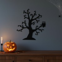 Décoration murale arbre effrayant avec chouette – Silhouette Halloween – Bouleau