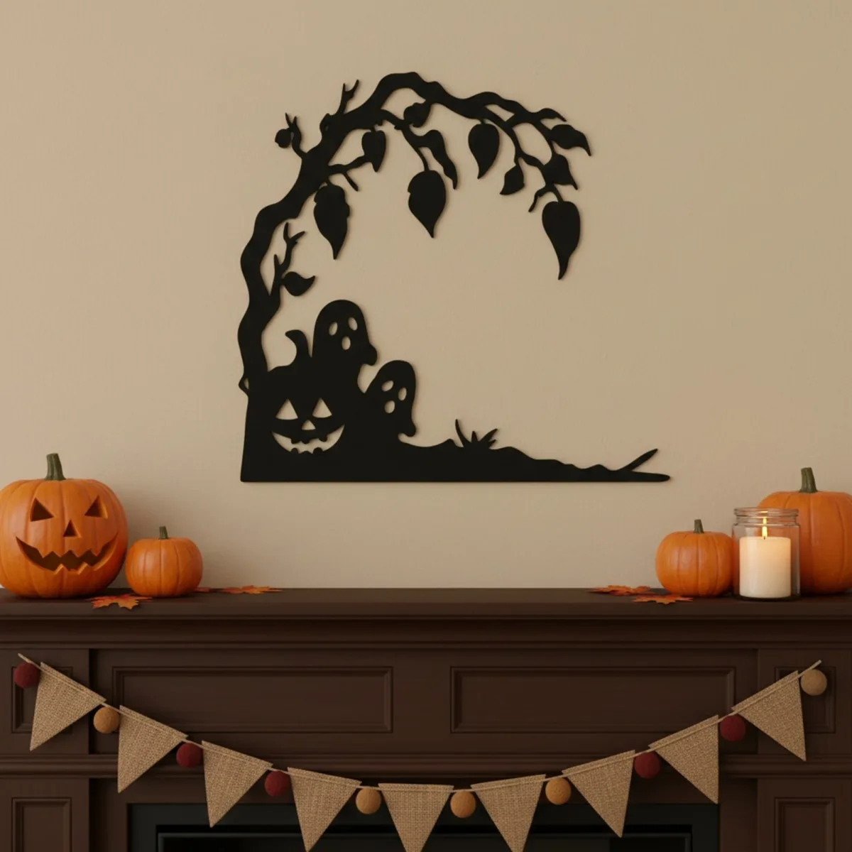 Halloween Ghostly Tree Corner Wall Art with Ghosts and Pumpkin – Birch Plywood