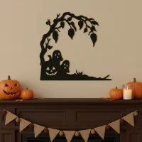 Halloween Baum-Ecke Wandbild mit Geistern und Kürbis – Birken-Sperrholz