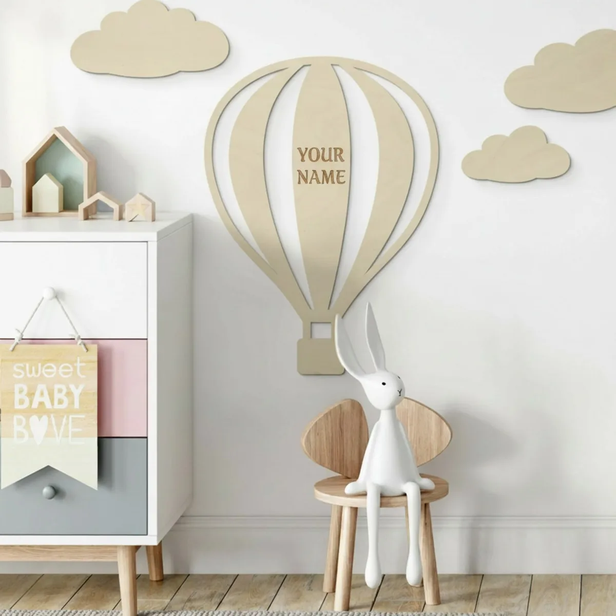 Birch Plywood Wall Decor - Hot Air Balloon with Vertical Lines