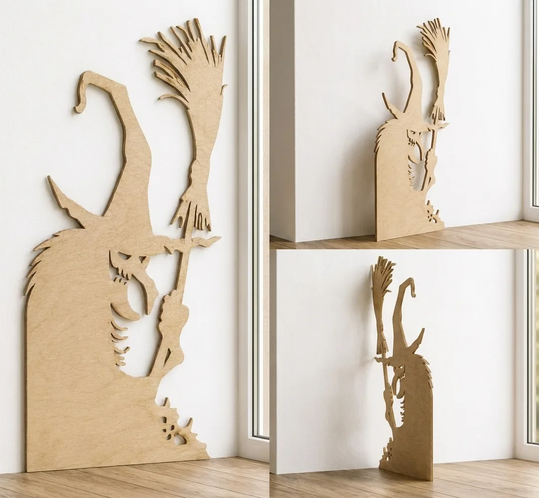 Plywood Witch with Broom Wall Art