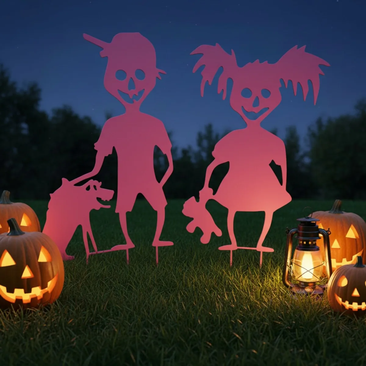 Gruselige Halloween-Kinder Gartenset – Zombie-Junge, Mädchen, Hund & Teddy