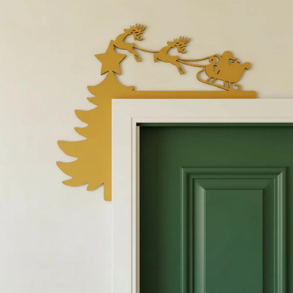 Santa Sleigh Door Topper – Birch Plywood Christmas Door Corner Decor with Tree & Reindeer
