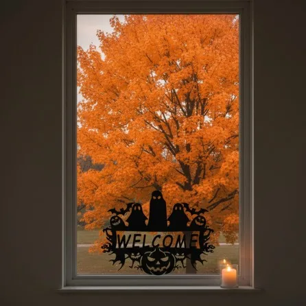 Halloween Willkommensschild Wandbild – Geister und Kürbisse – Birken-Sperrholz