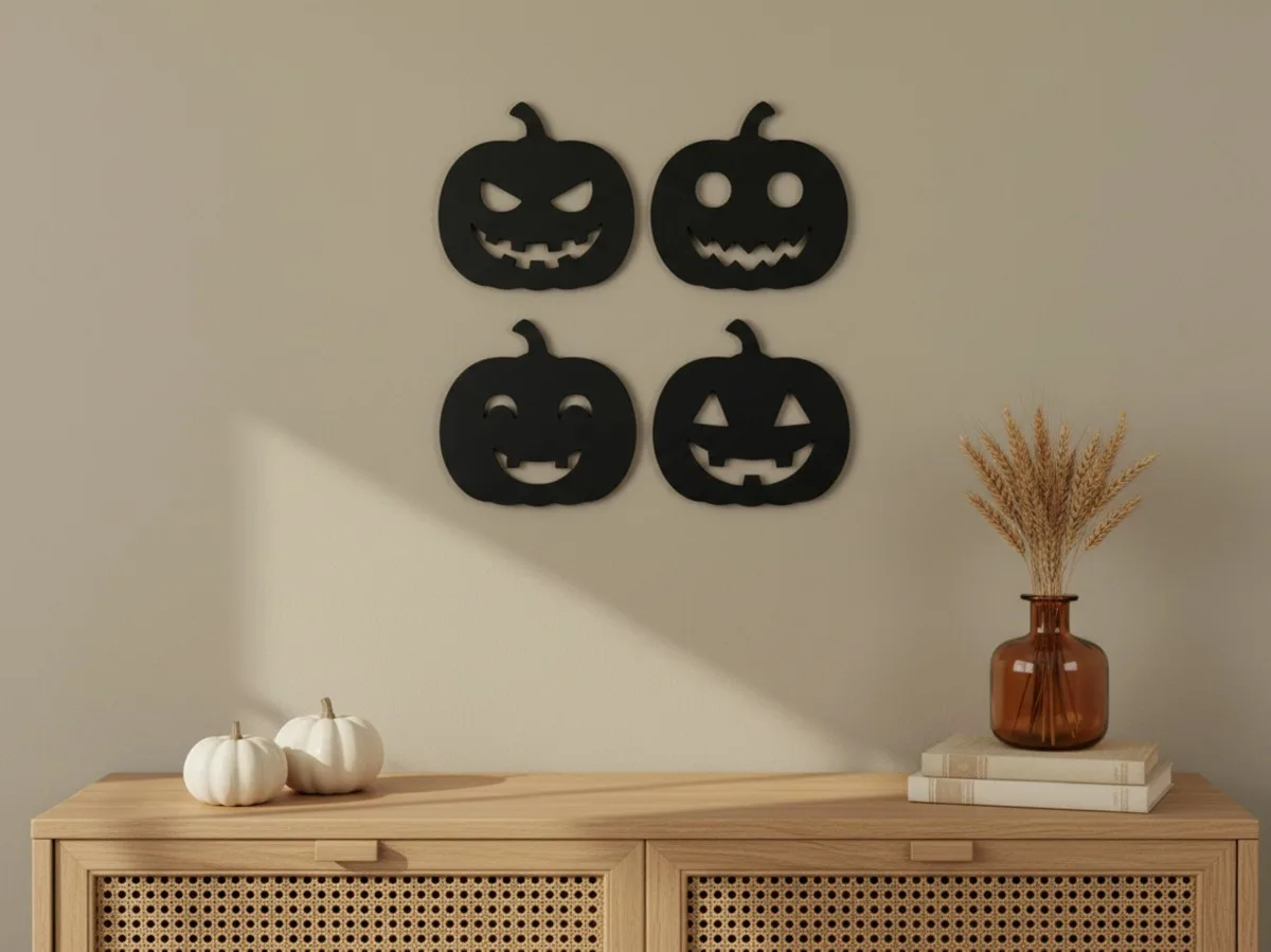 Halloween Pumpkin Set of 4 Wall Decor – Four Jack-o'-Lantern Silhouettes – Birch Plywood