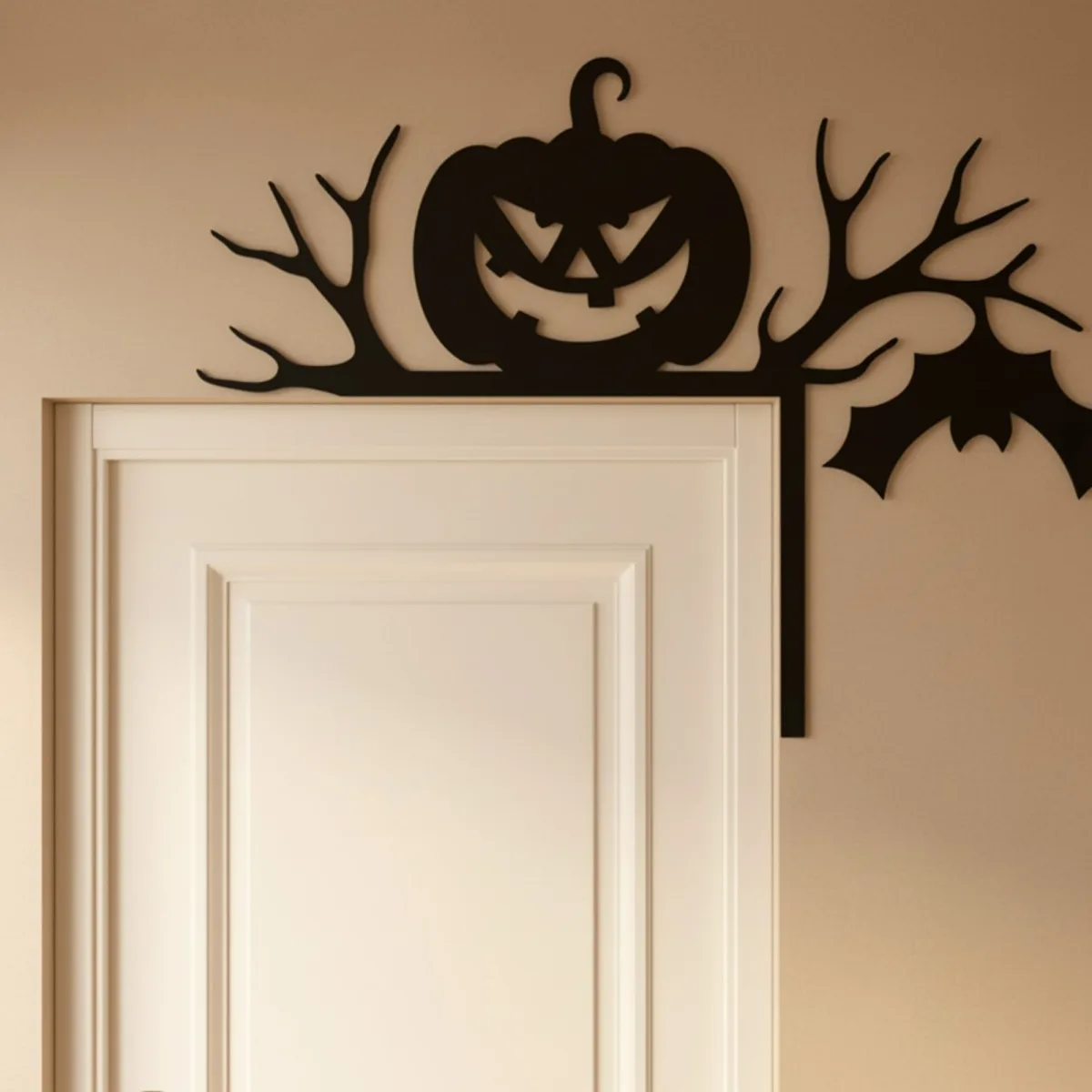 Couvre-porte citrouille d’angle – silhouette Halloween branches et chauve-souris – contreplaqué de bouleau