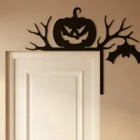 Couvre-porte citrouille d’angle – silhouette Halloween branches et chauve-souris – contreplaqué de bouleau