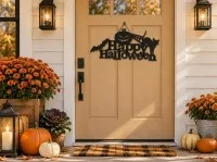 Happy Halloween bord van multiplex – Pompoen, zwarte kat & vleermuis