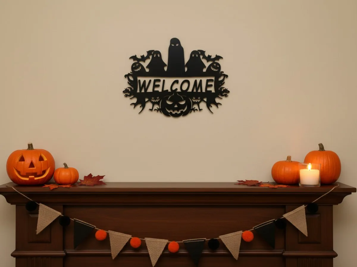 Halloween Welcome Sign Wall Art – Ghosts and Pumpkins – Birch Plywood