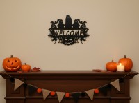 Halloween Welcome Sign Wall Art – Ghosts and Pumpkins – Birch Plywood