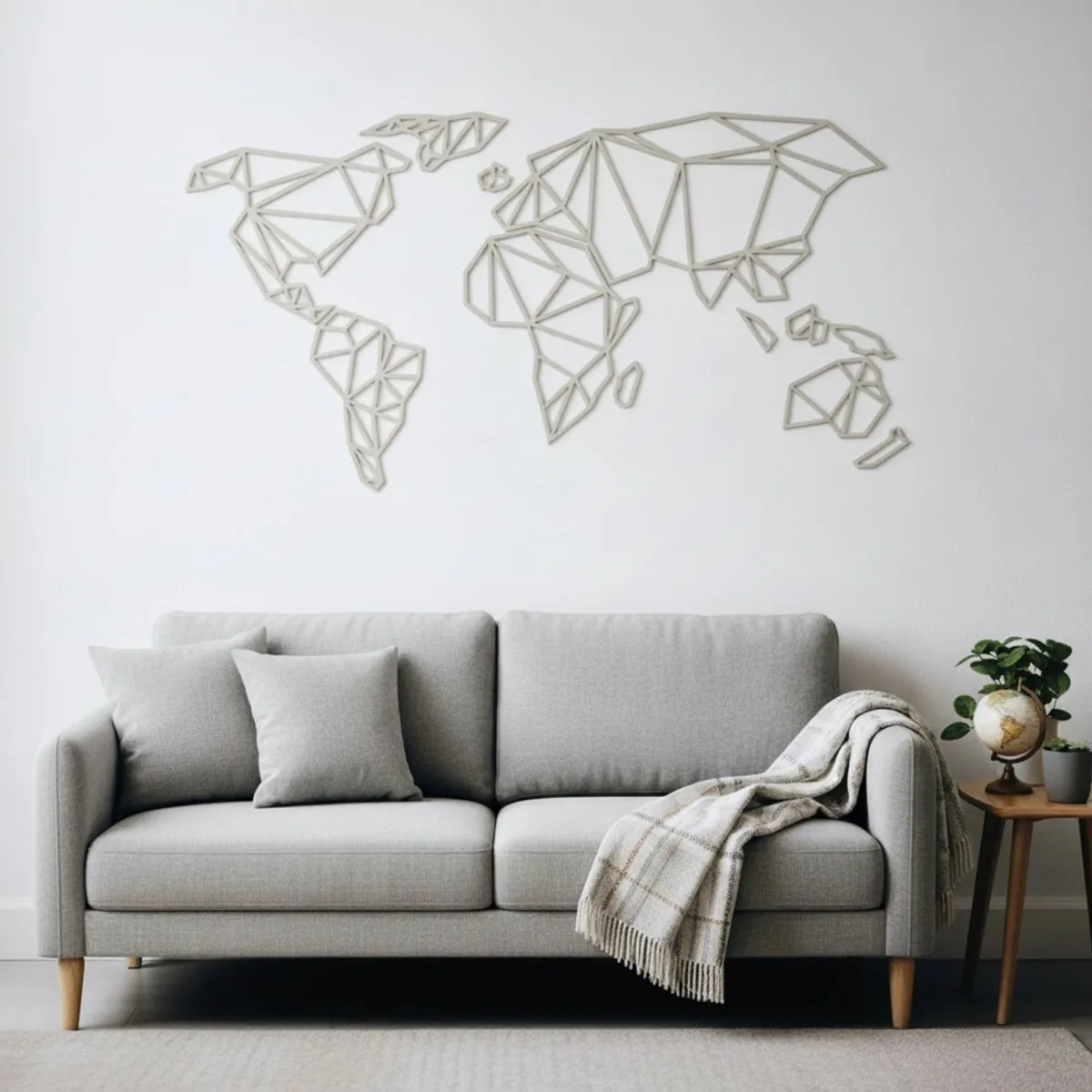 Origami World Map Plywood Wall Decor – Geometric Wireframe Map 100x50 cm