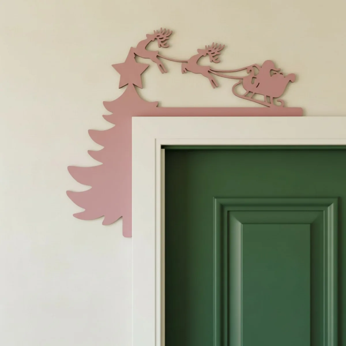 Santa Sleigh Door Topper – Birch Plywood Christmas Door Corner Decor with Tree & Reindeer