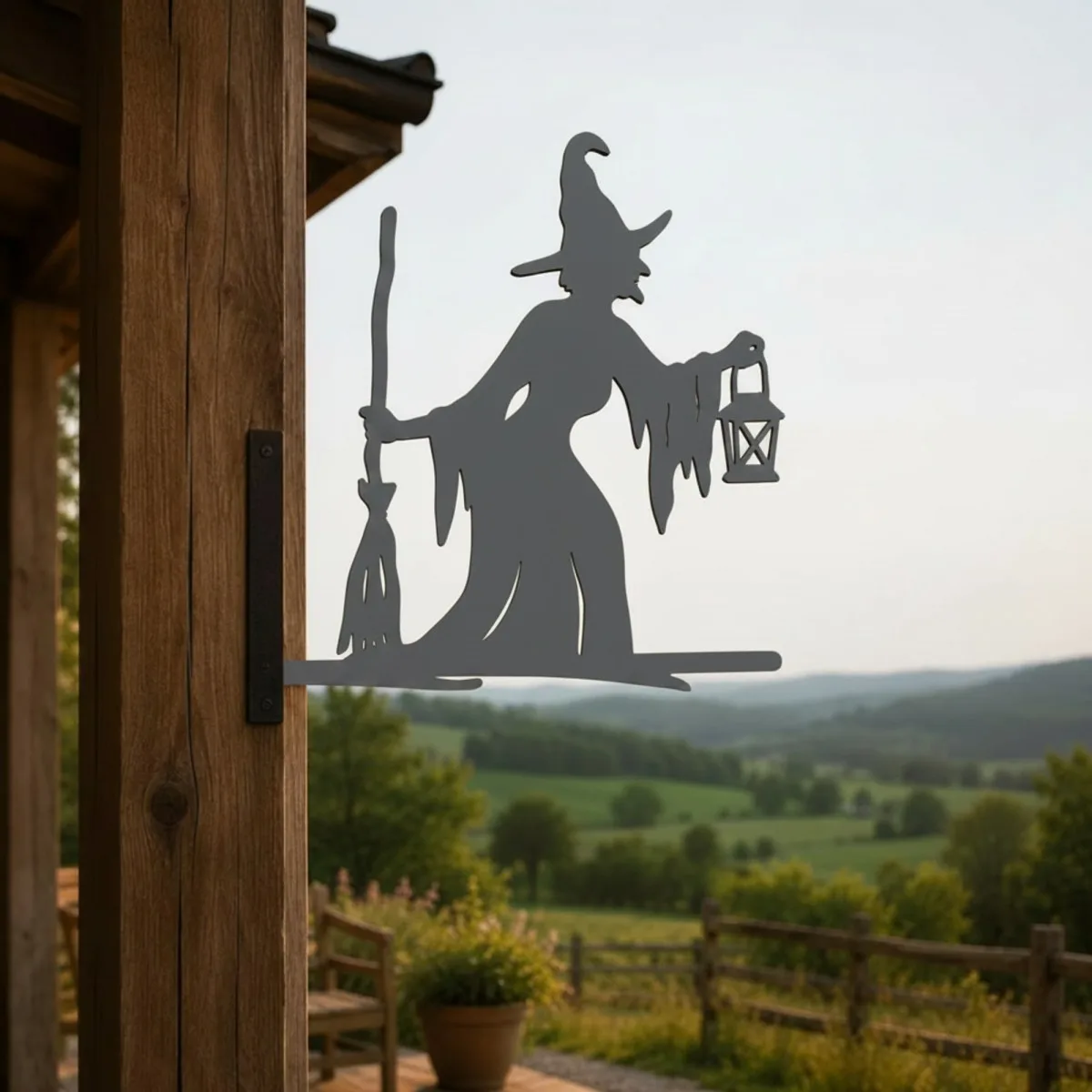 Witch with Broom & Lantern Garden Sign – Halloween Plywood Silhouette 60 cm