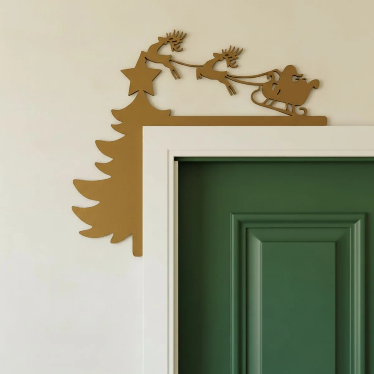 Santa Sleigh Door Topper – Birch Plywood Christmas Door Corner Decor with Tree & Reindeer