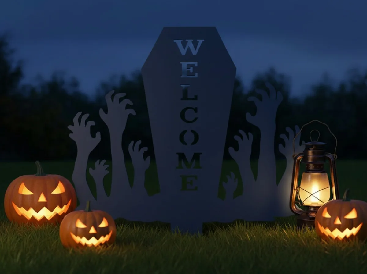 Pancarte Welcome Halloween pour jardin – cercueil avec mains de zombie 60×75 cm