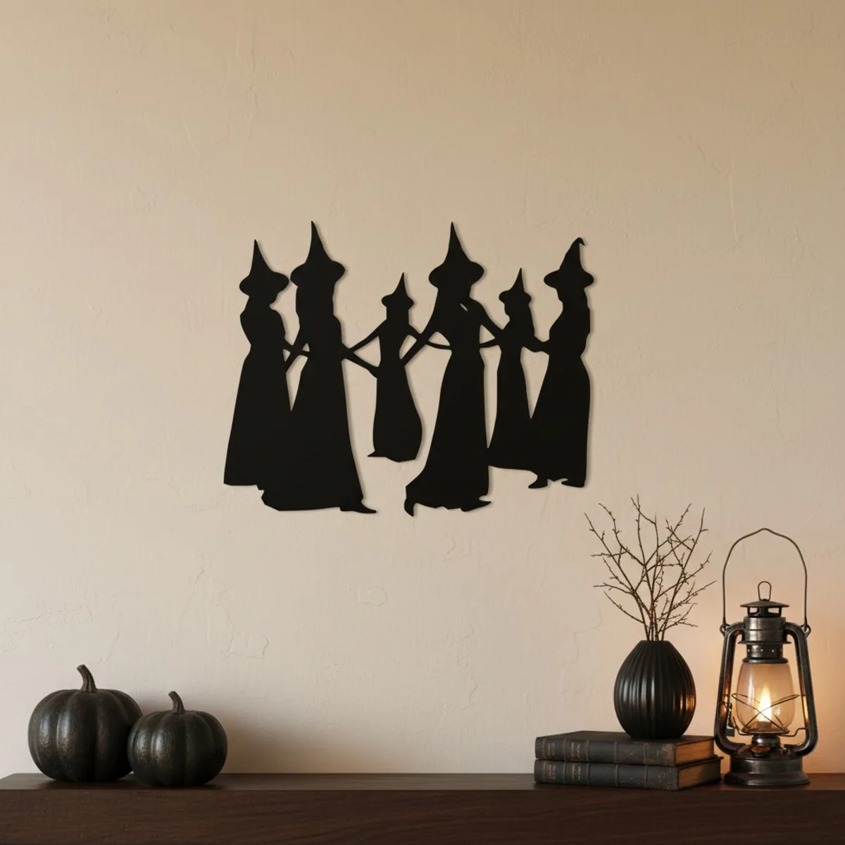 Déco murale coven de sorcières – silhouette de six sorcières main dans la main – contreplaqué de bouleau