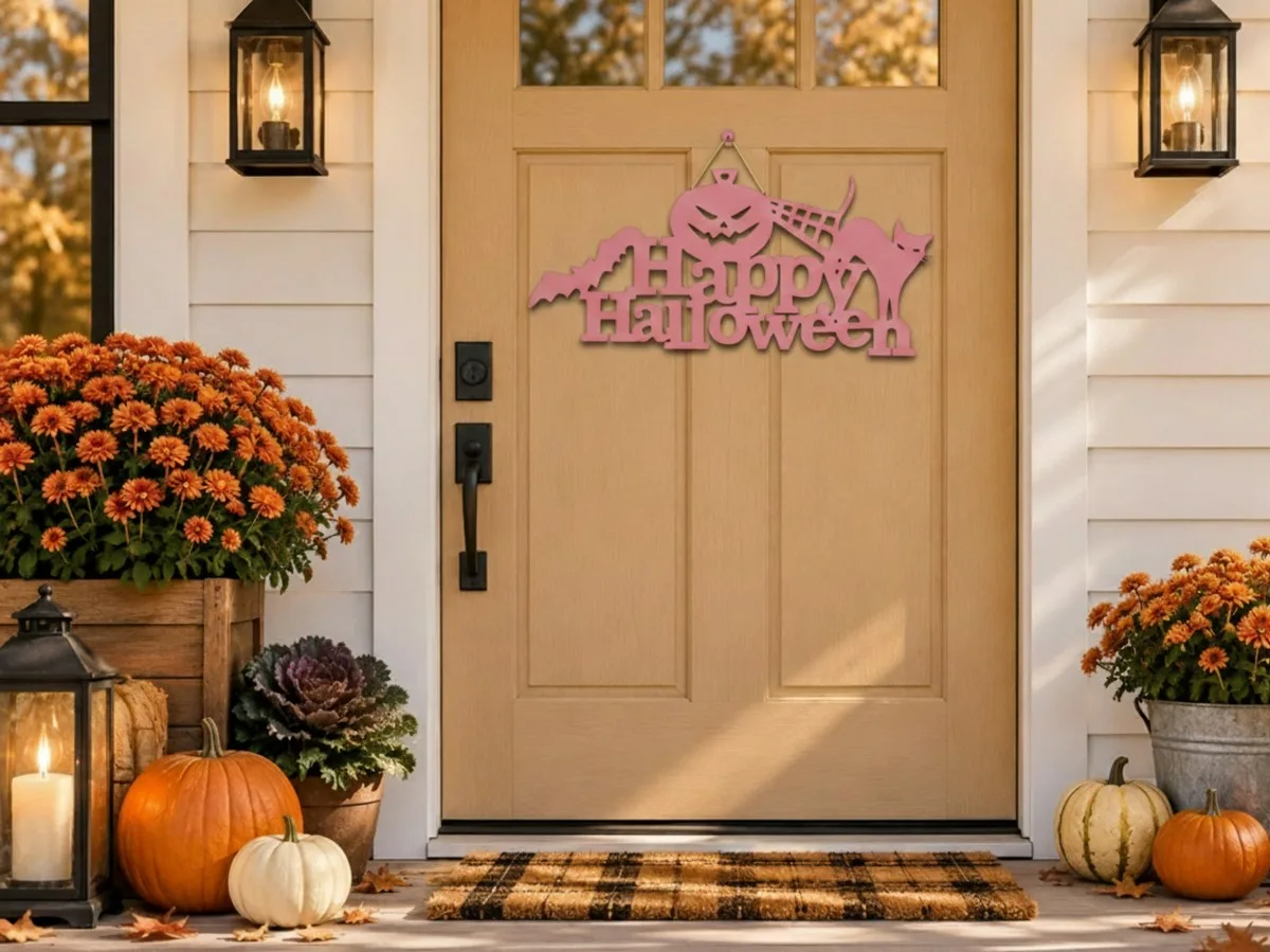 Happy Halloween bord van multiplex – Pompoen, zwarte kat & vleermuis