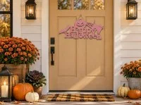 Happy Halloween bord van multiplex – Pompoen, zwarte kat & vleermuis