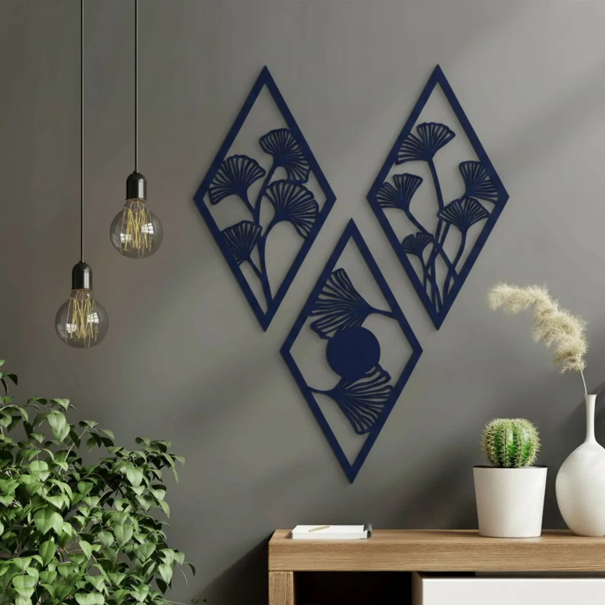Birch Plywood Wall Decor – Ginkgo Leaf Diamond Set (3 pieces)