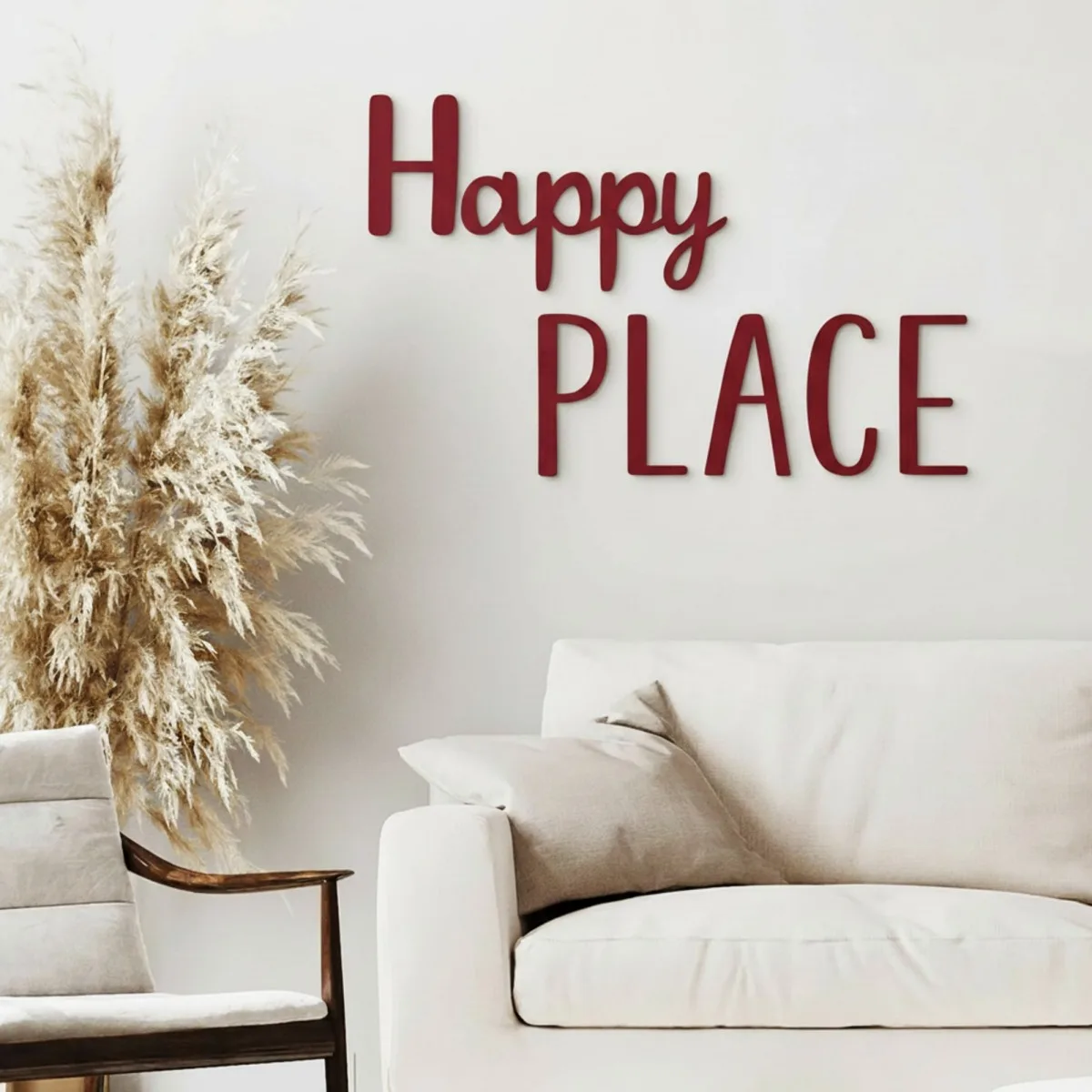 Houten woorden „Happy Place” van berkenmultiplex – wanddecoratie