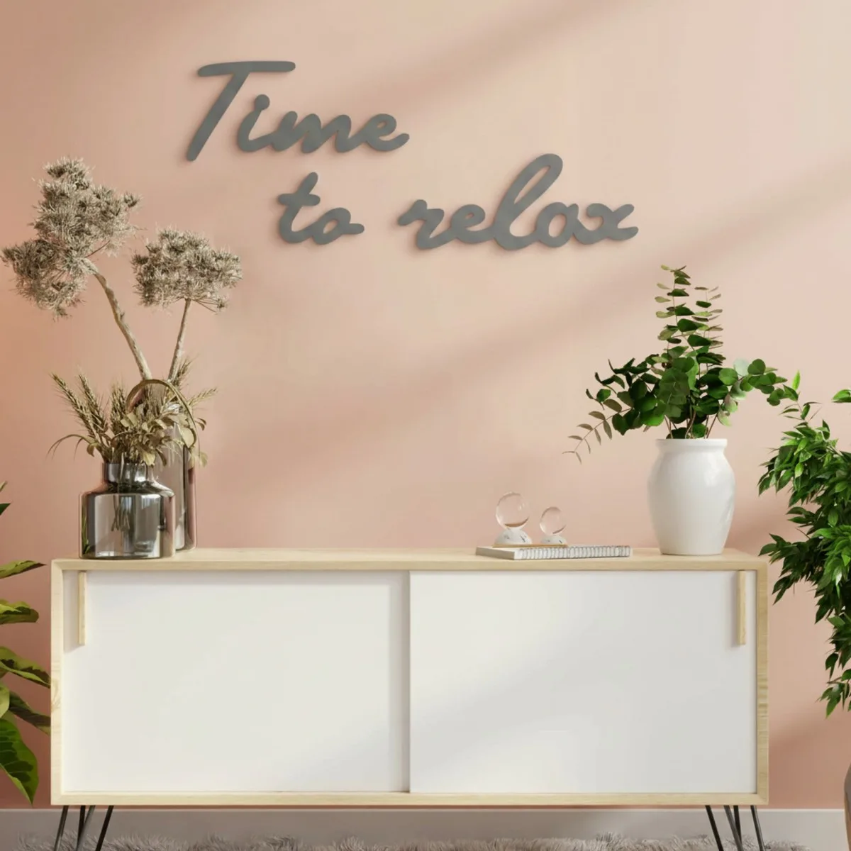 Holzschriftzug „Time to relax“ aus Birken-Sperrholz