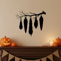 Hanging Bats Wall Art – 5 Spooky Bats Upside-Down on a Branch – Birch Plywood