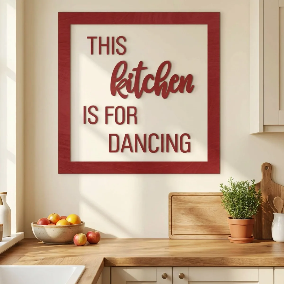 Plywood lettering with frame - This kitchen is for dancing