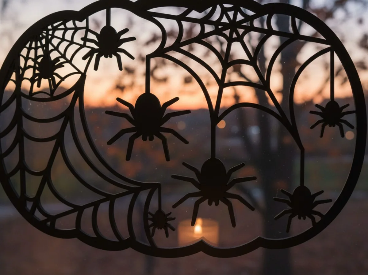 Pumpkin Spider Web Wall Art – Jack-o’-Lantern Filled with Cobwebs and Spiders – Birch Plywood