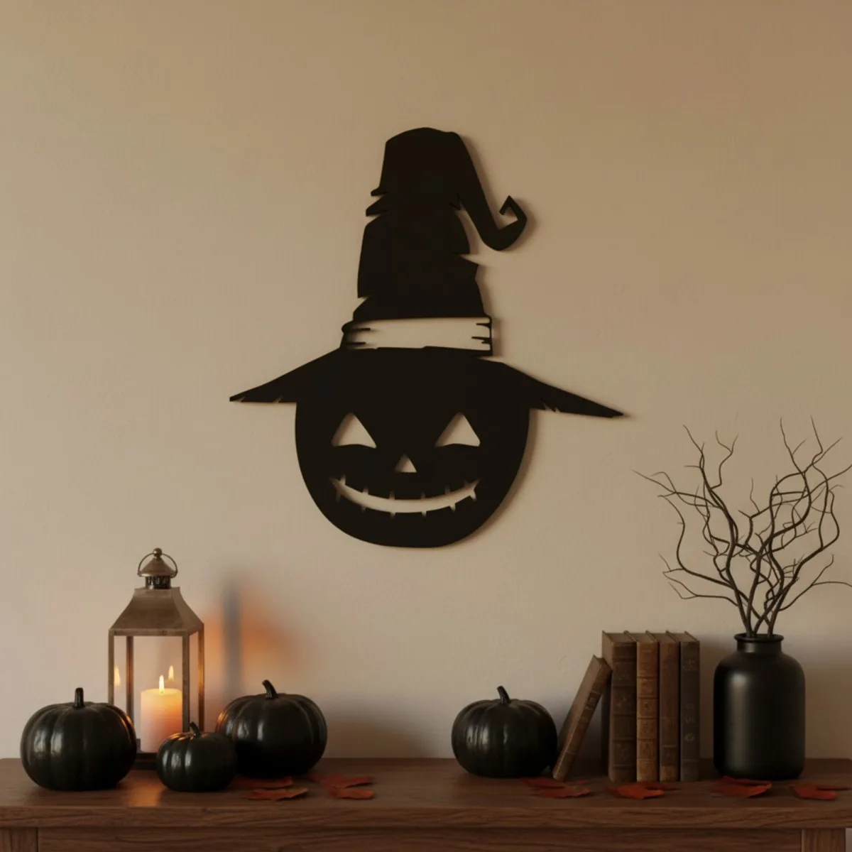 Chapeau de sorcière citrouille décor mural – silhouette Halloween effrangée – contreplaqué de bouleau