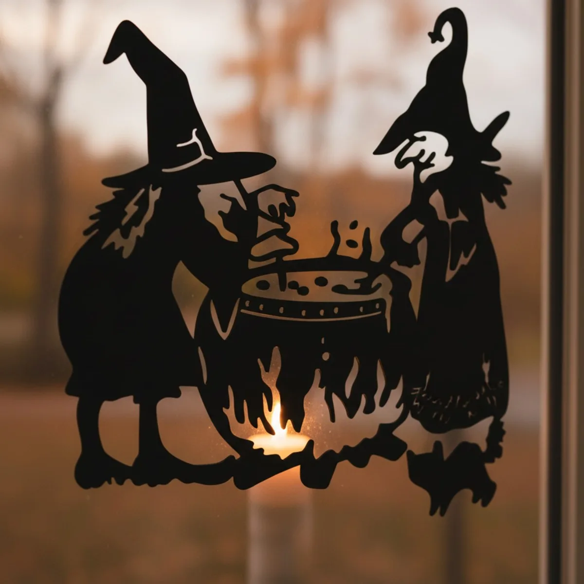 Hexen am Kessel Wandbild – zwei Hexen mit Kessel und Feuer – Birken-Sperrholz