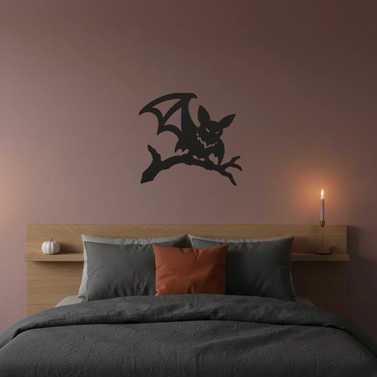 Perched Vampire Bat Wall Decor – Halloween Bat with Wing Cloak on Branch – Birch Plywood