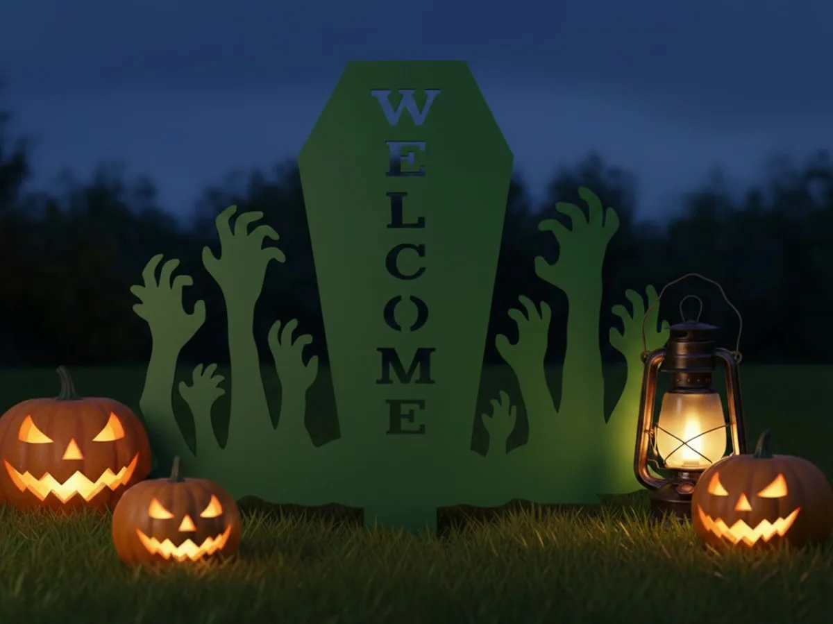 Pancarte Welcome Halloween pour jardin – cercueil avec mains de zombie 60×75 cm