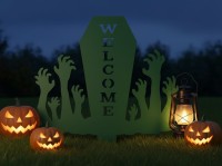Pancarte Welcome Halloween pour jardin – cercueil avec mains de zombie 60×75 cm