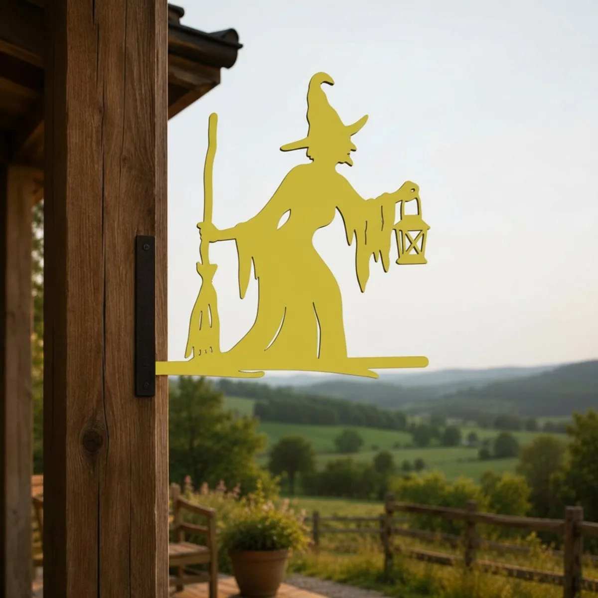 Witch with Broom & Lantern Garden Sign – Halloween Plywood Silhouette 60 cm