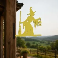 Witch with Broom & Lantern Garden Sign – Halloween Plywood Silhouette 60 cm