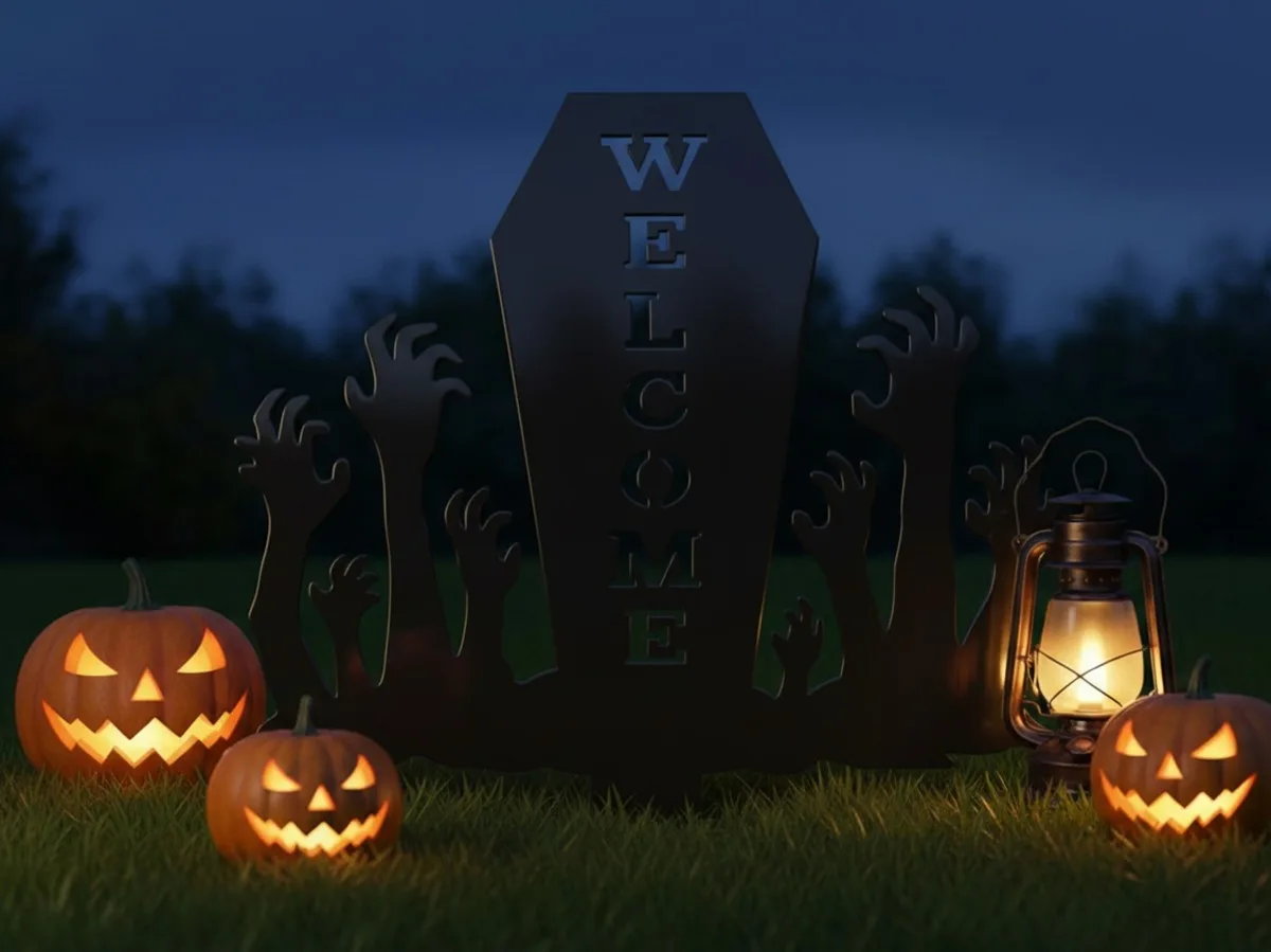 Pancarte Welcome Halloween pour jardin – cercueil avec mains de zombie 60×75 cm