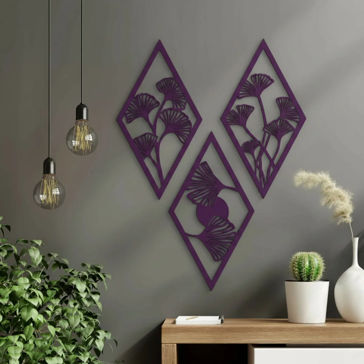 Birch Plywood Wall Decor – Ginkgo Leaf Diamond Set (3 pieces)