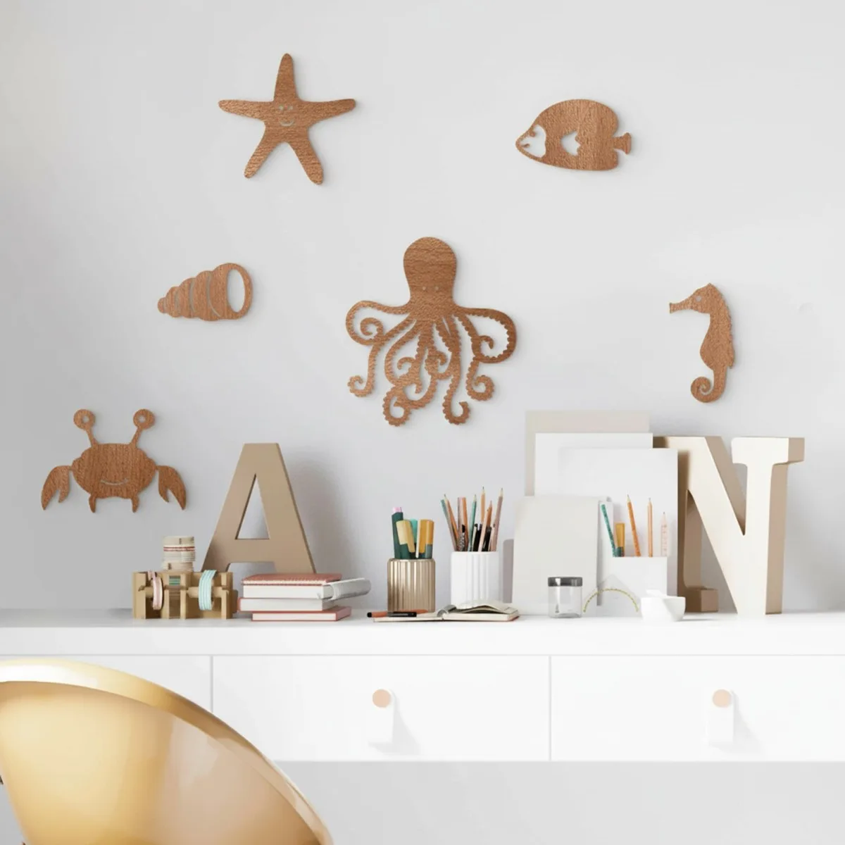 Wooden Marine Animal Decor (6 pieces) - Birch Plywood - 50x30 cm