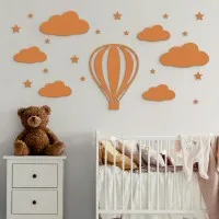 Déco murale montgolfière avec nuages et étoiles – contreplaqué de bouleau, chambre d’enfant