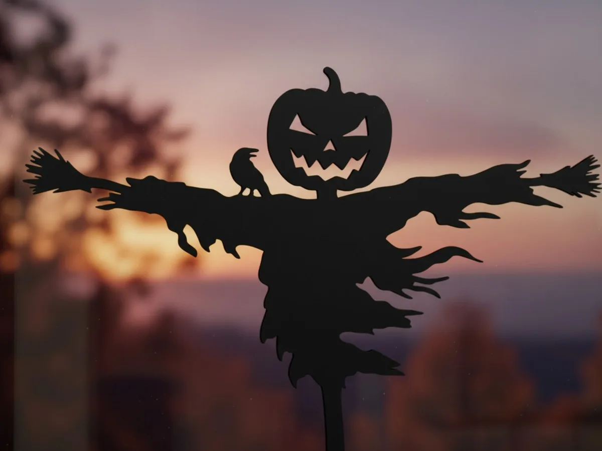 Halloween Kürbis-Vogelscheuche Wandbild mit Rabe – Birken-Sperrholz
