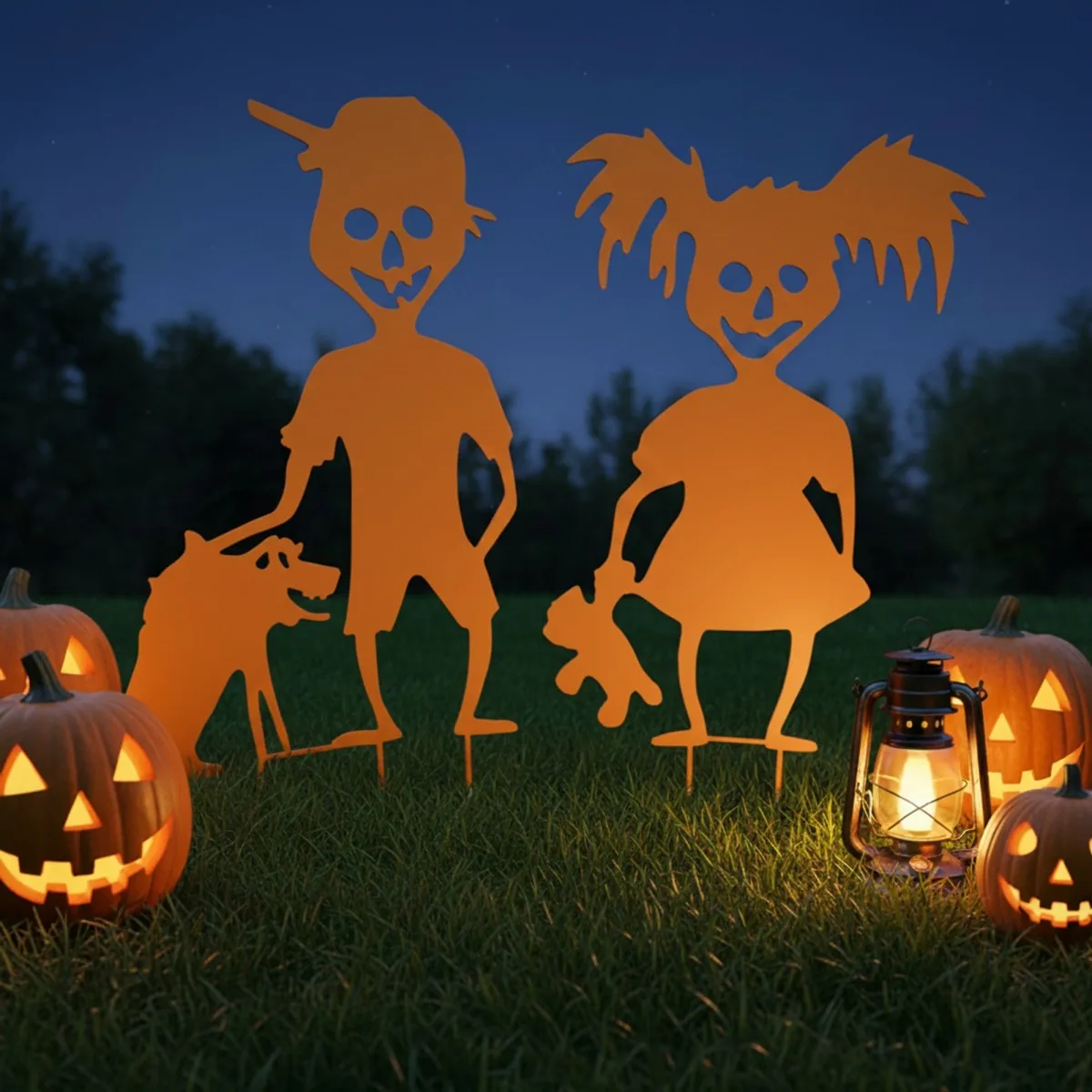 Gruselige Halloween-Kinder Gartenset – Zombie-Junge, Mädchen, Hund & Teddy