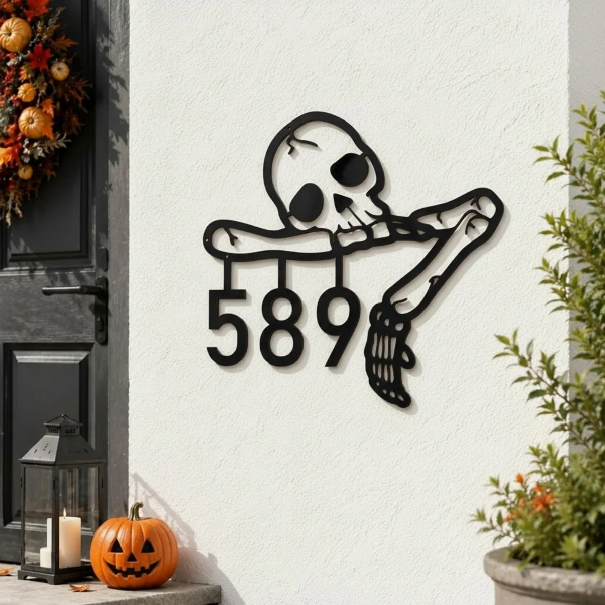 Halloween Skeleton House Number Sign – Custom Address Numbers, Skull & Bone