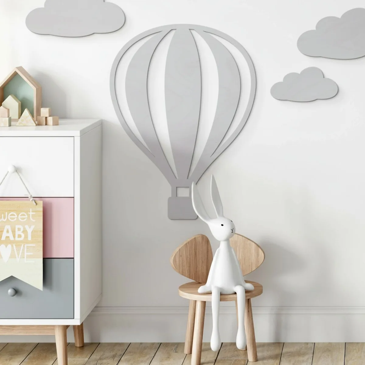 Birch Plywood Wall Decor - Hot Air Balloon with Vertical Lines